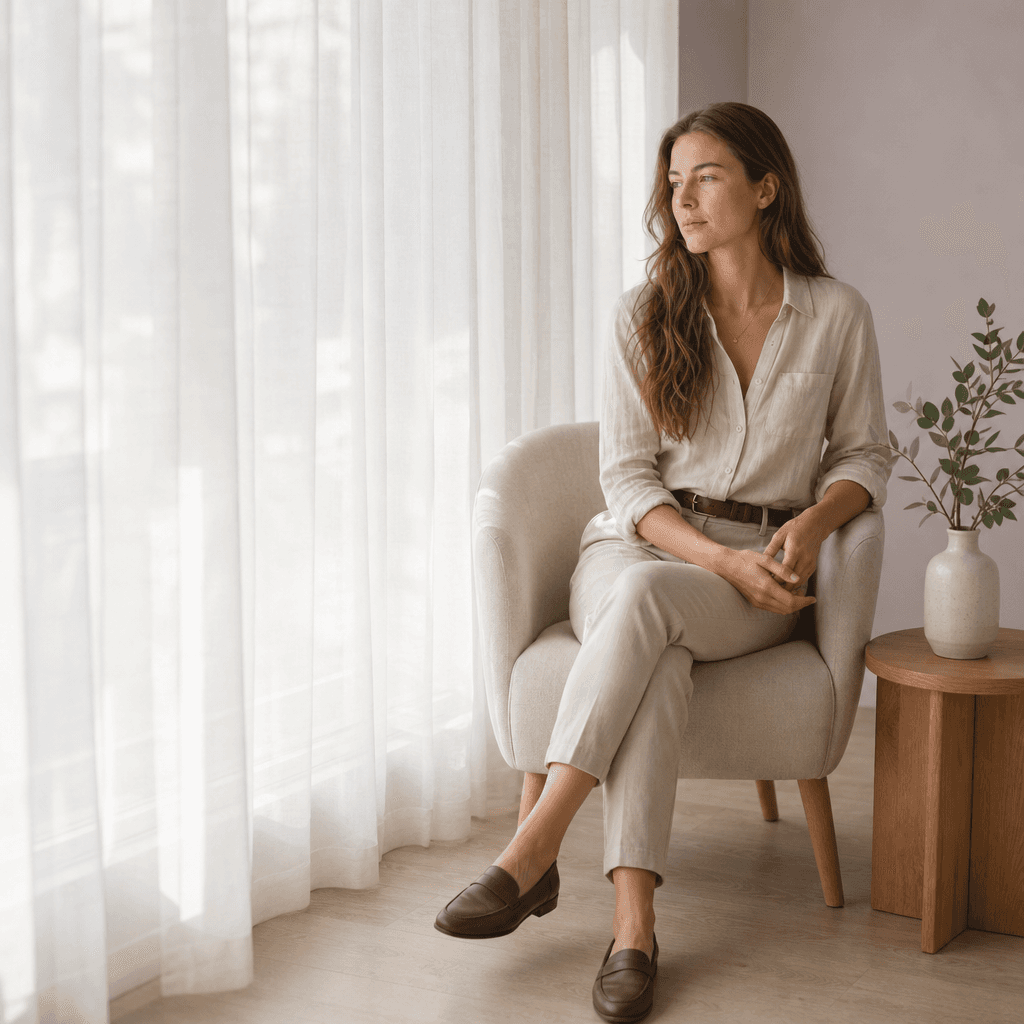 Jane Smith reflecting by a window in a calm therapy room